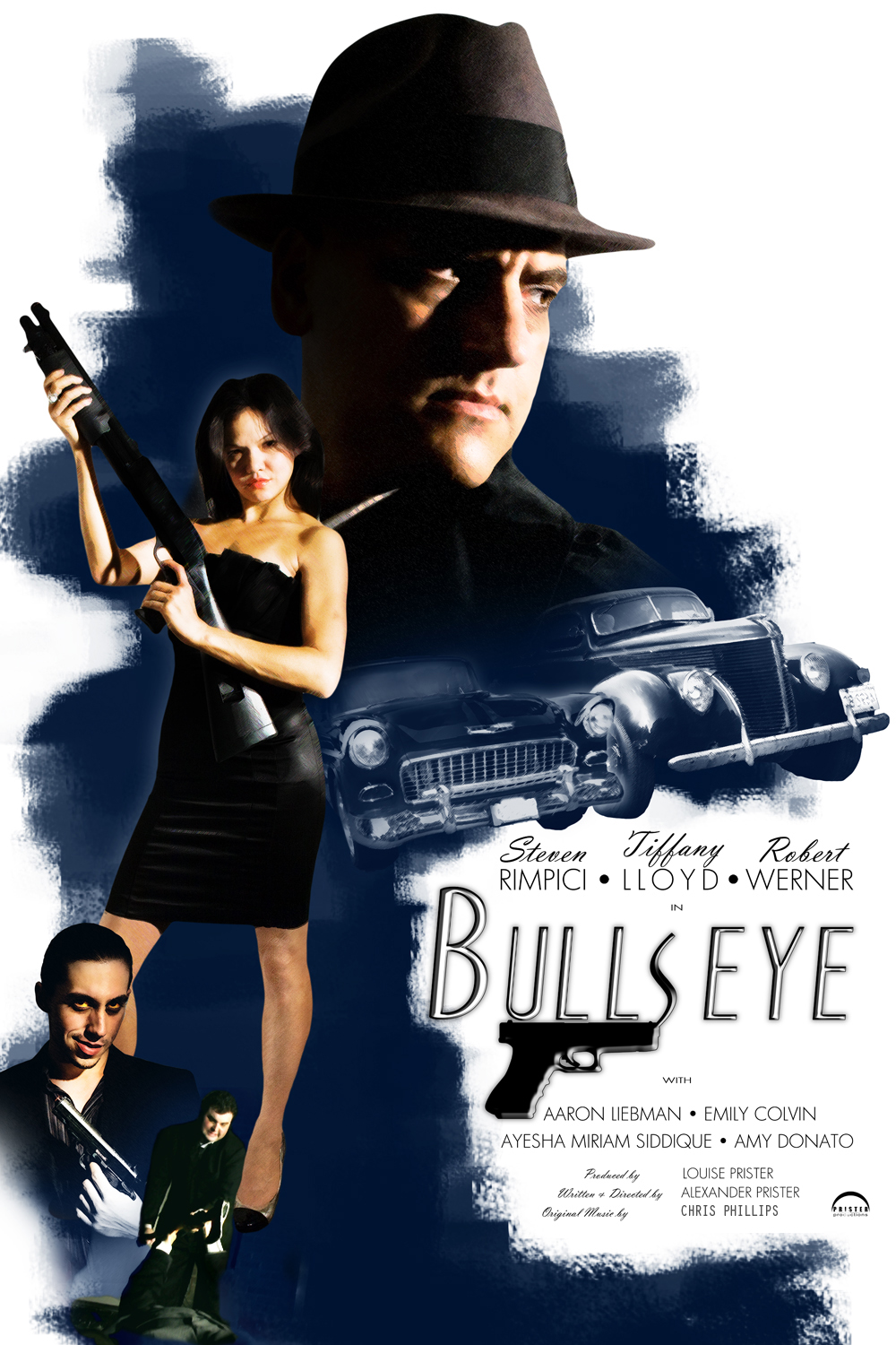 Alternate BullsEye poster featuring Dick, Cherice, Charlie, Marcus, and two classic cars.